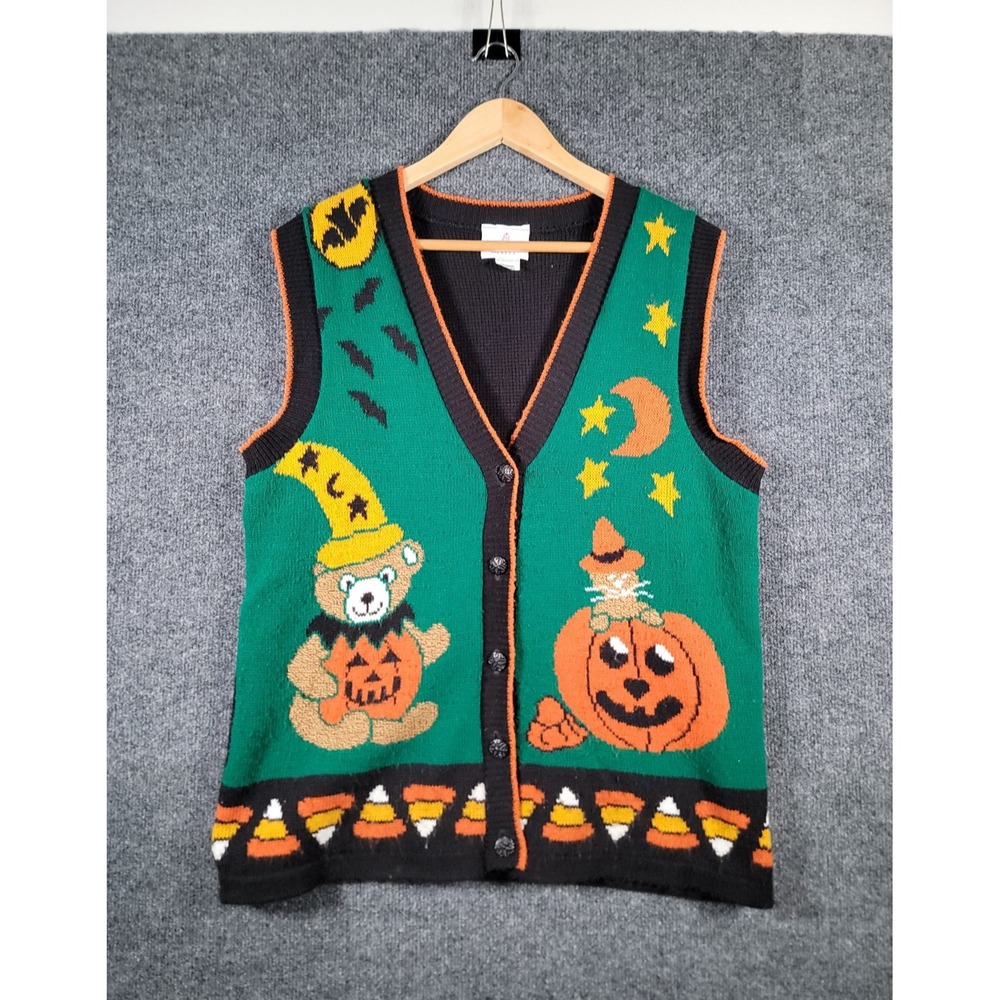 Vintage Halloween Sweater Vest Womens Medium Teddy Bears Pumpkin Cat USA Made